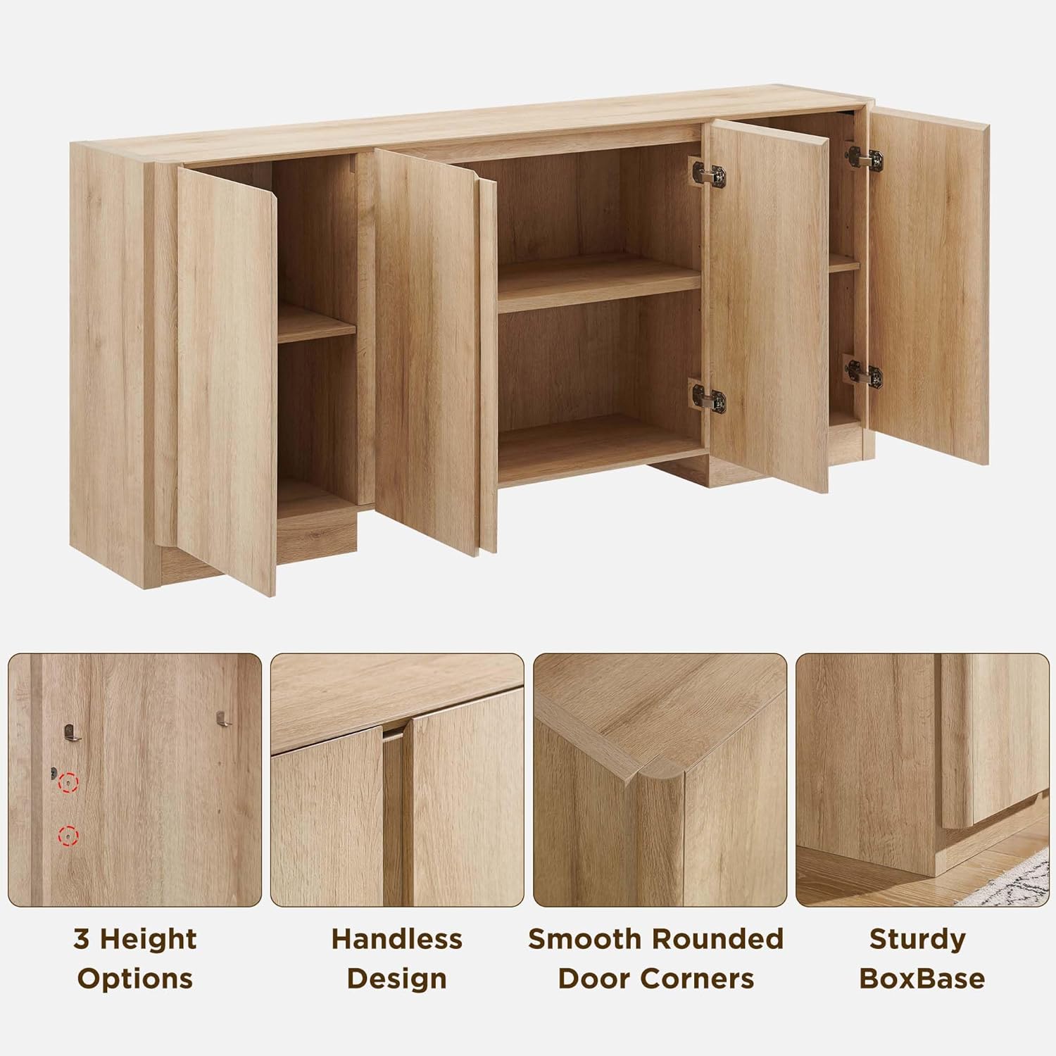 66" Large Sideboard Buffet Cabinet with Storage, 30" Tall Modern Kitchen Storage Cabinet, Adjustbale Shelf, Coffee Bar, Long Accent Table for Dining Room, Living Room, Entryway, Natural Oak