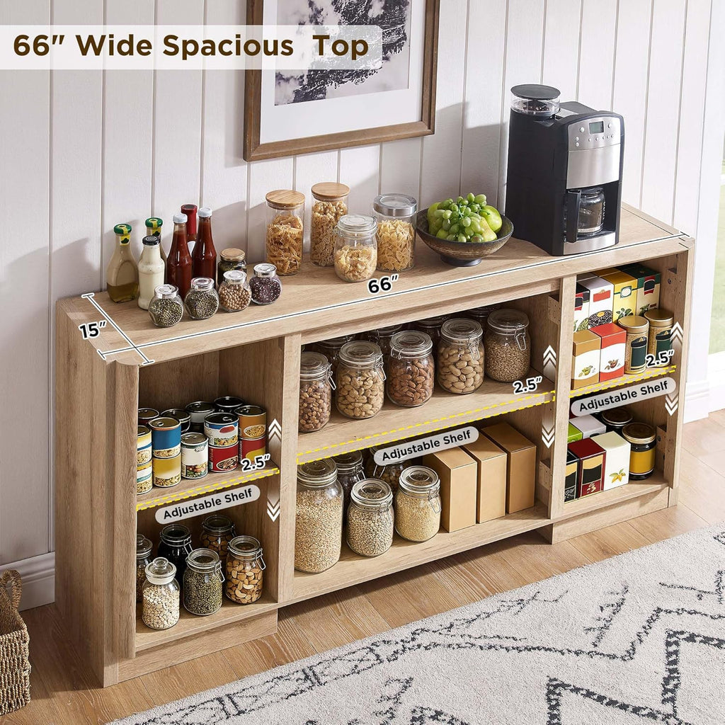 66" Large Sideboard Buffet Cabinet with Storage, 30" Tall Modern Kitchen Storage Cabinet, Adjustbale Shelf, Coffee Bar, Long Accent Table for Dining Room, Living Room, Entryway, Natural Oak