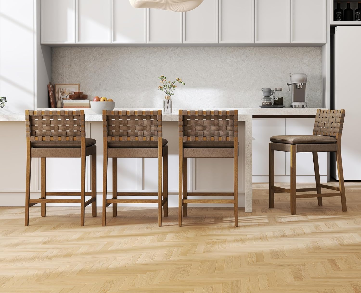 EALSON Mid Century Rattan Bar Stools Set of 4 Modern Farmhouse Barstools with Leather Woven Backs 26 Inch Wooden Counter Stool Breakfast Upholstered Bar Chairs for Kitchen Island, Brown