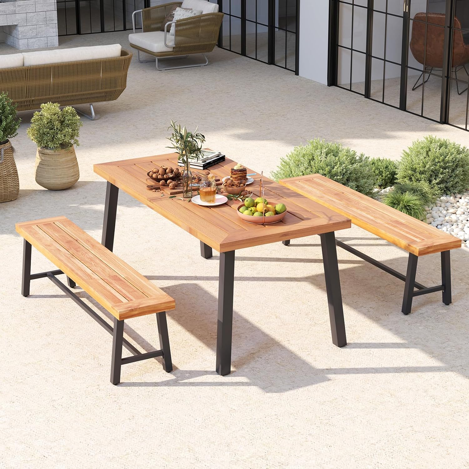 Tangkula 63 Inches Acacia Wood Outdoor Bench Set of 2, 3-Person Patio Bench with 800 lbs Weight Capacity, Outdoor Backless Bench with Heavy-Duty Metal Frame for Garden, Porch and Backyard
