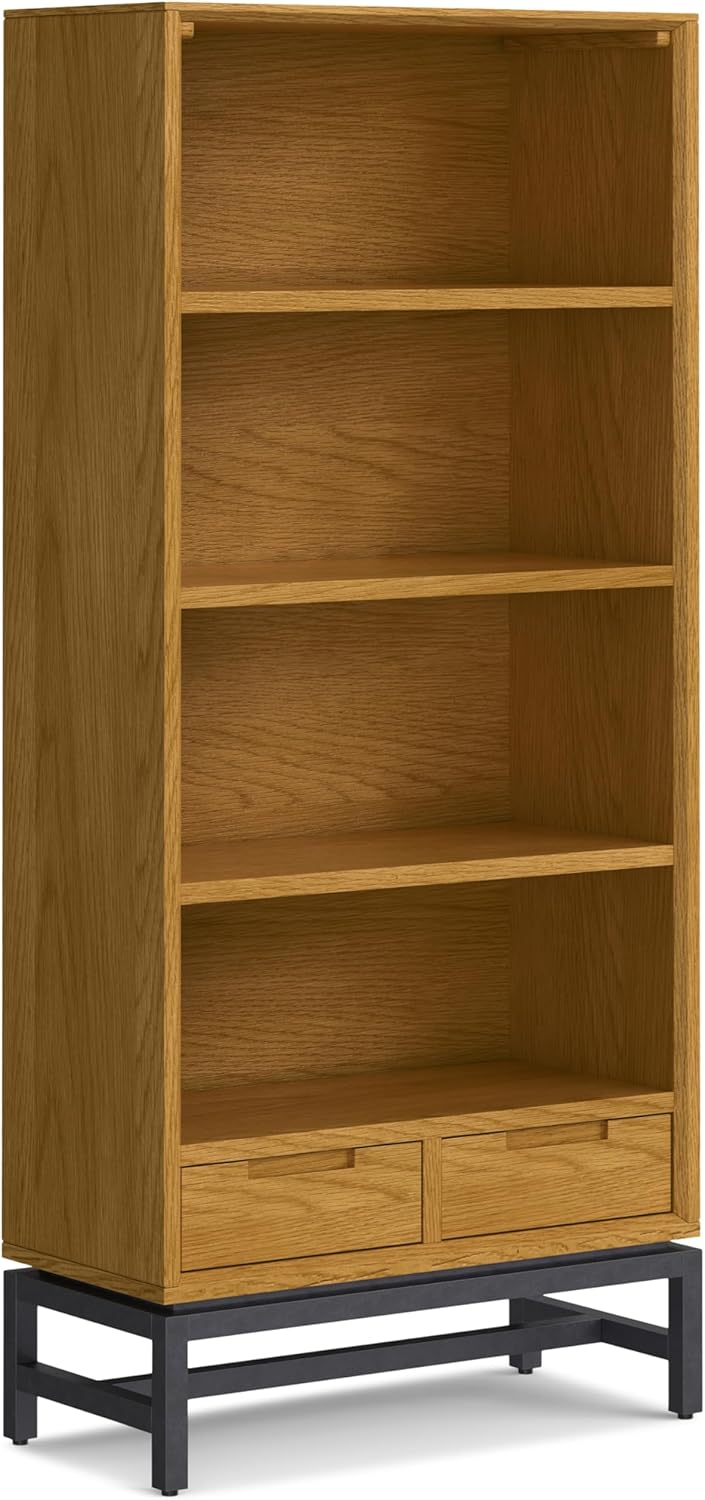 SIMPLIHOME Banting Bookcase - 66 inch Tall Solid Oak Veneer and Metal Bookshelf, Industrial Storage for Living Room, Study Room or Office with Open Shelves and Metal Frame