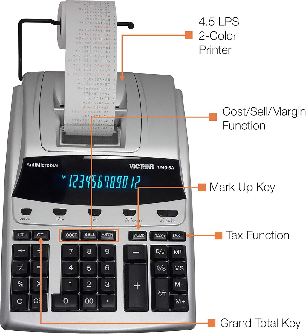 Victor 12-Digit Desktop Adding Machine, Large Easy To Read Display, Tape Print Out with 4,5 lines-per-second ribbon printer, Tax, Cost, Sell and Margin keys (1240-3A)