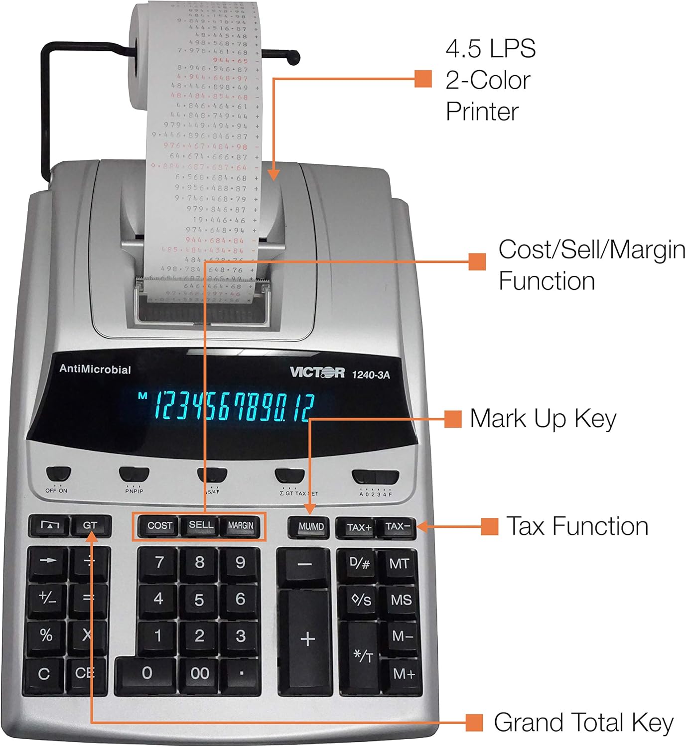 Victor 12-Digit Desktop Adding Machine, Large Easy To Read Display, Tape Print Out with 4,5 lines-per-second ribbon printer, Tax, Cost, Sell and Margin keys (1240-3A)