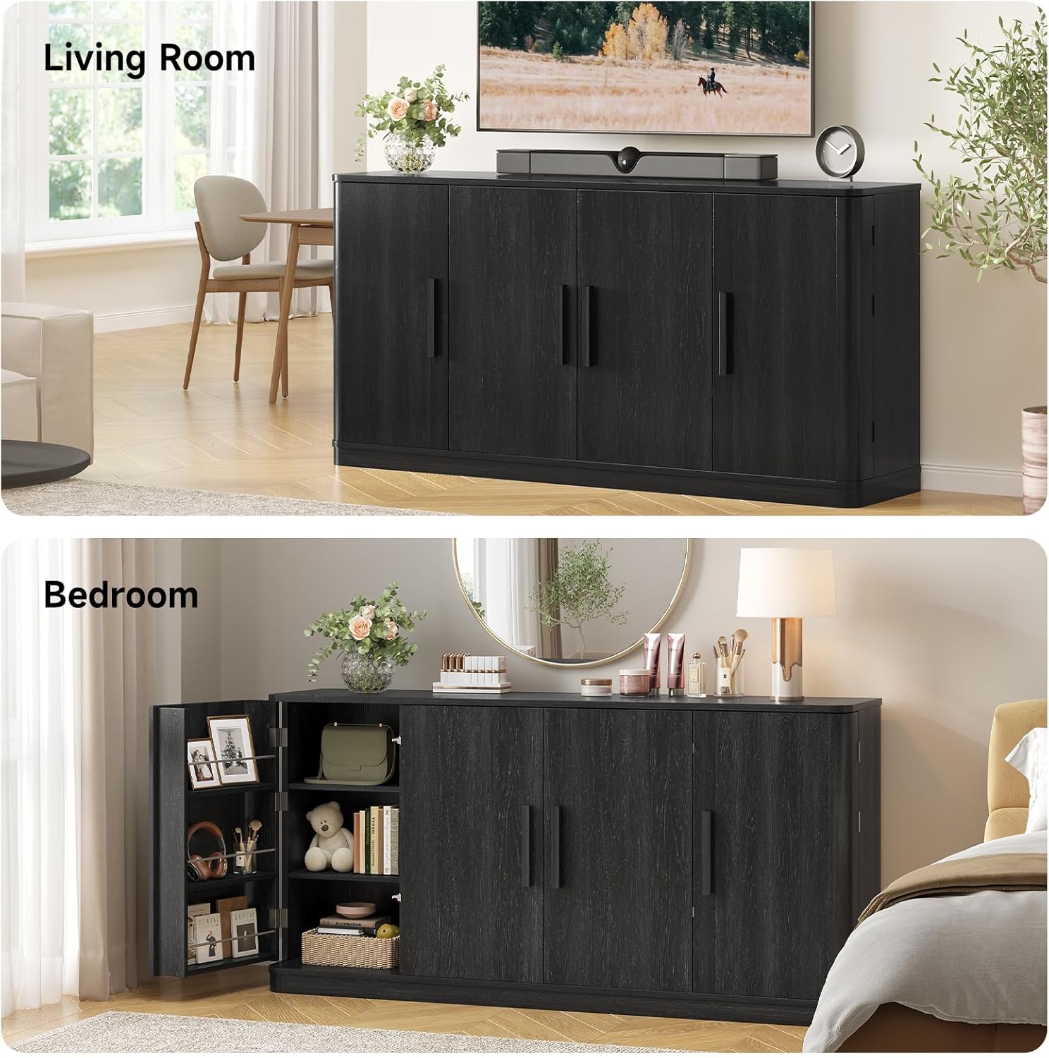 ONBRILL 63" Curved Buffet Cabinet with Storage and 4 Doors, Large Sideboard Buffet Storage Cabinet with Adjustable Shelves, Modern Coffee Bar Table for Dining Room, Living Room, Entryway (Black)