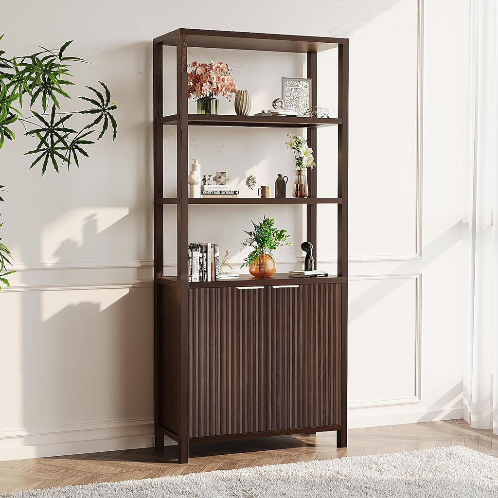 VINGLI Bookcase with Fluted Doors, 71" Wood Storage Cabinet with Adjustable Shelves, 6-Tier Display Cabinet Bookshelf for Study, Living Room, Home Office, Kitchen Pantry, Walnut