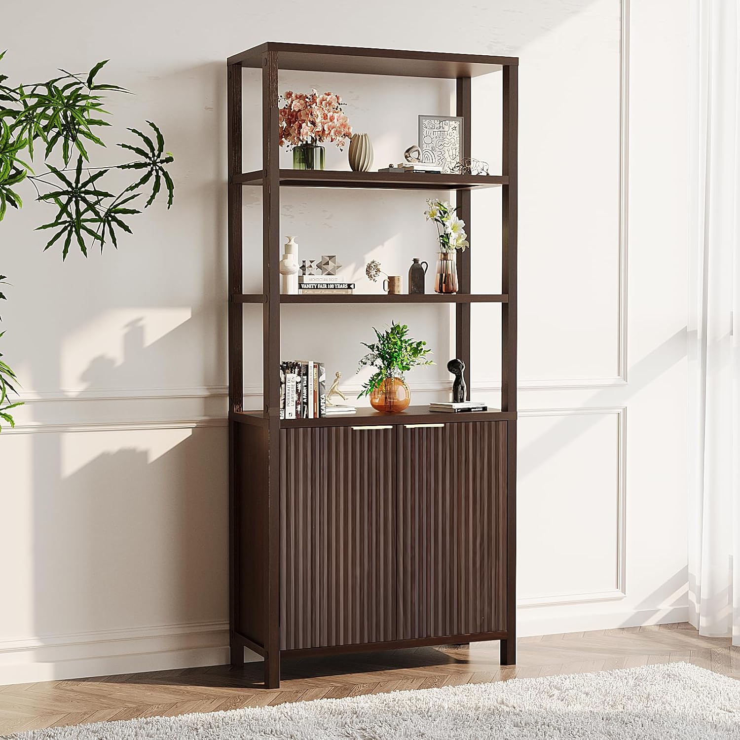 VINGLI Bookcase with Fluted Doors, 71" Wood Storage Cabinet with Adjustable Shelves, 6-Tier Display Cabinet Bookshelf for Study, Living Room, Home Office, Kitchen Pantry, Walnut