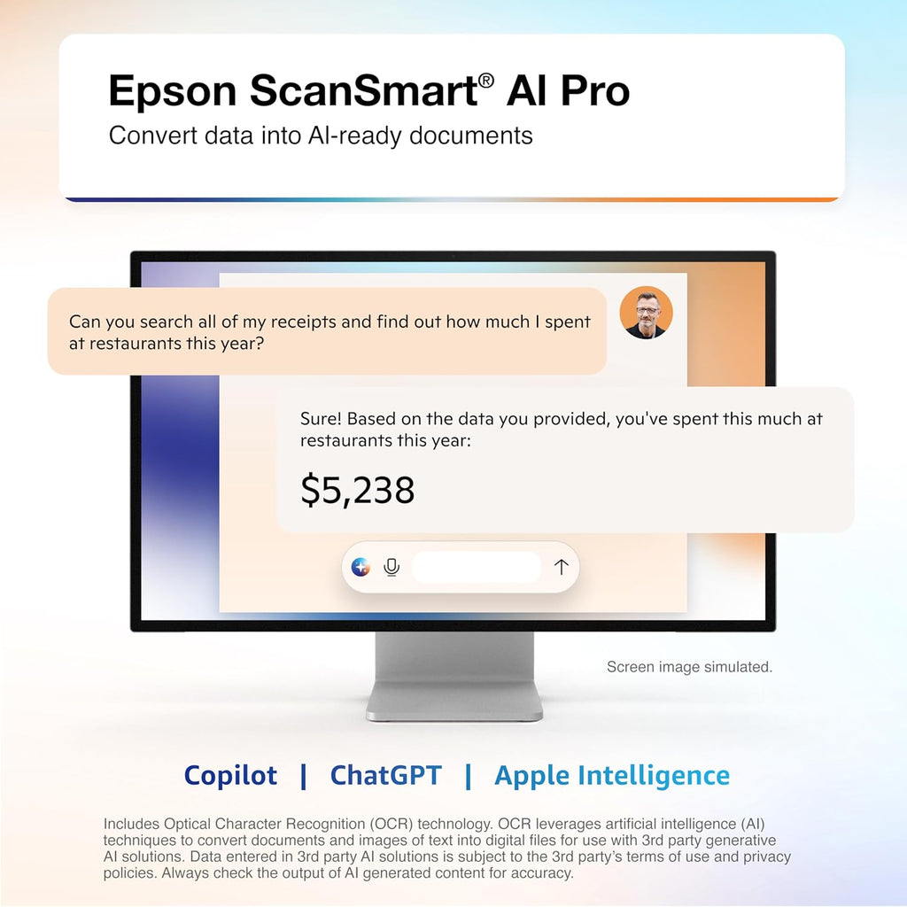Epson RapidReceipt RR-400W Wireless Compact Desktop Color 2-Sided Receipt & Document Scanner with ScanSmart AI PRO Receipt Management & PDF Software & 20-Page Auto Document Feeder (Renewed)