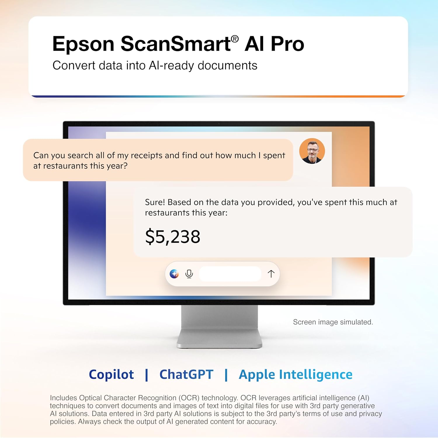 Epson RapidReceipt RR-400W Wireless Compact Desktop Color 2-Sided Receipt & Document Scanner with ScanSmart AI PRO Receipt Management & PDF Software & 20-Page Auto Document Feeder (Renewed)