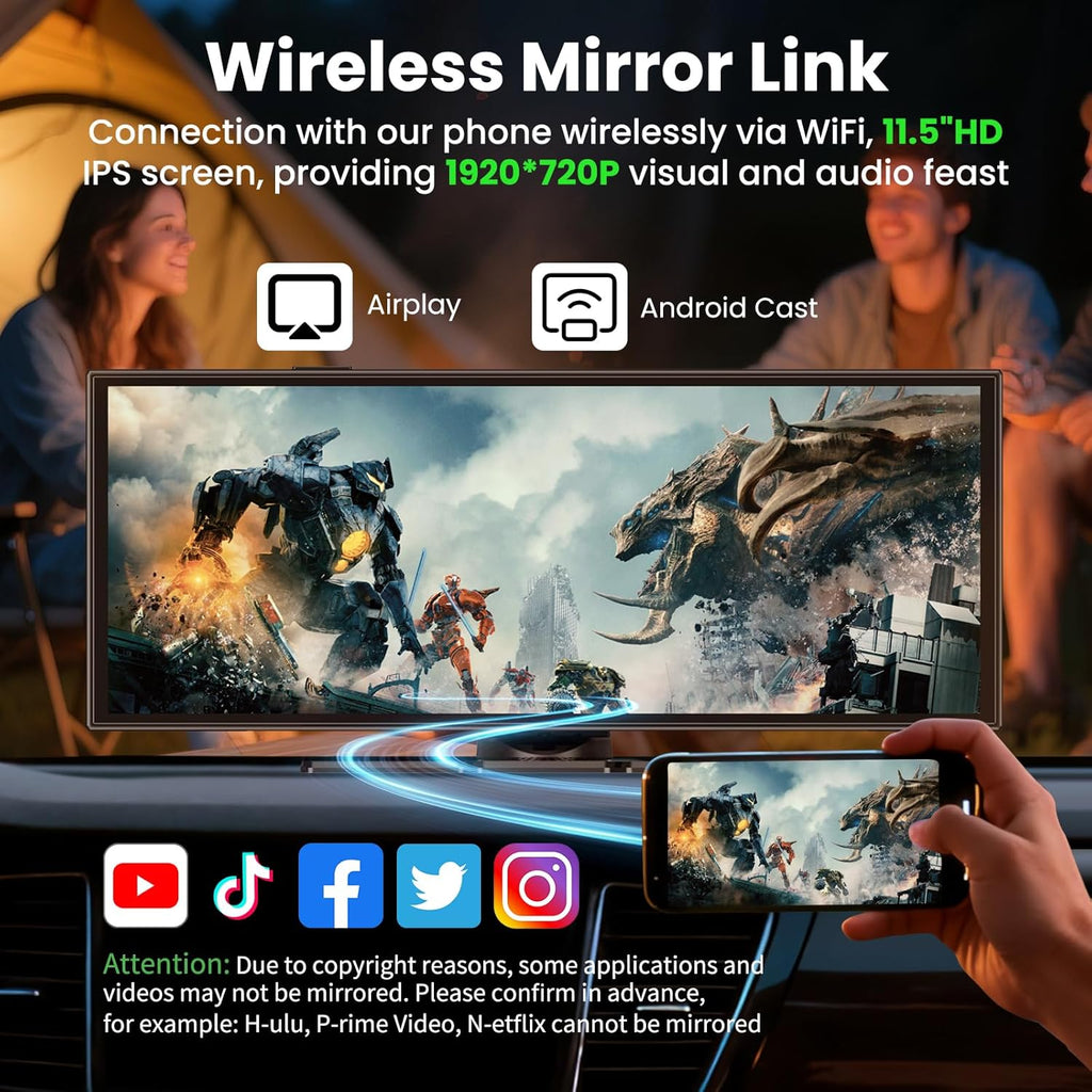 Largest 11.5 inch Wireless CarPlay Screen for Car, A-pple CarPlay & Android Auto HD Touchscreen with 4K Dash Cam/1080P Backup Camera/Navigation/Bluetooth/Voice Control/FM/Mirror Link,for All Vehicles