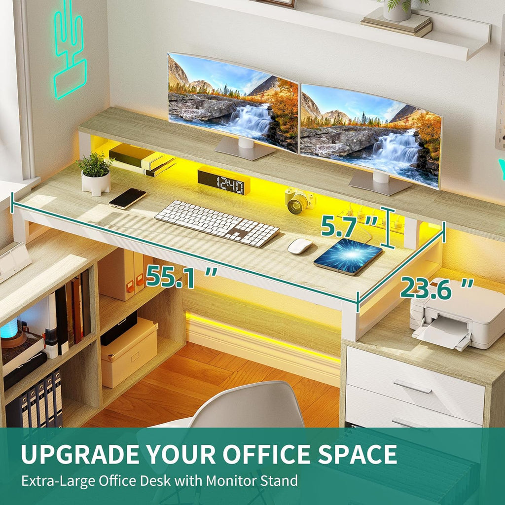 YITAHOME L Shaped Desk with 3 Drawers, 65" Corner Computer Desk with Power Outlets & LED Lights, L-Shaped Desk with File Cabinet & Printer Stand for Home Office, White & Oak