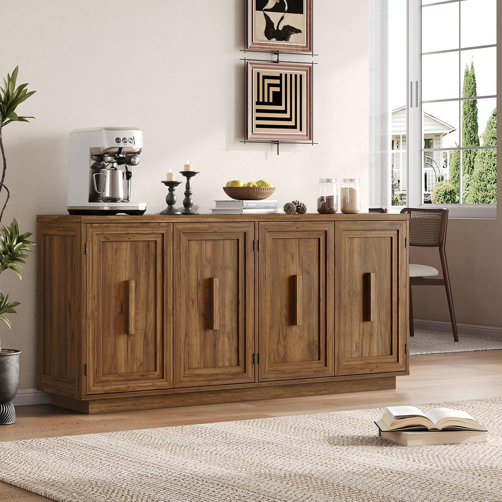 ONBRILL 63 Inch Sideboard Buffet Cabinet with Storage, Large Coffee Bar Cabinet with 4 Doors, Adjustable Shelves, Credenza Storage Cabinets for Kitchen, Living Room, Entryway, Antique Brown