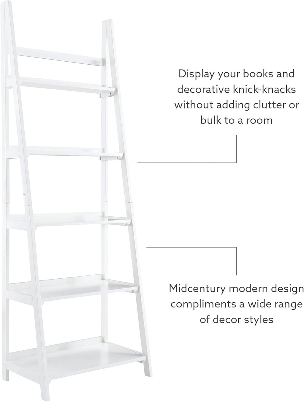 Melissa White Mid Century Five Shelf Ladder Bookcase by Linon