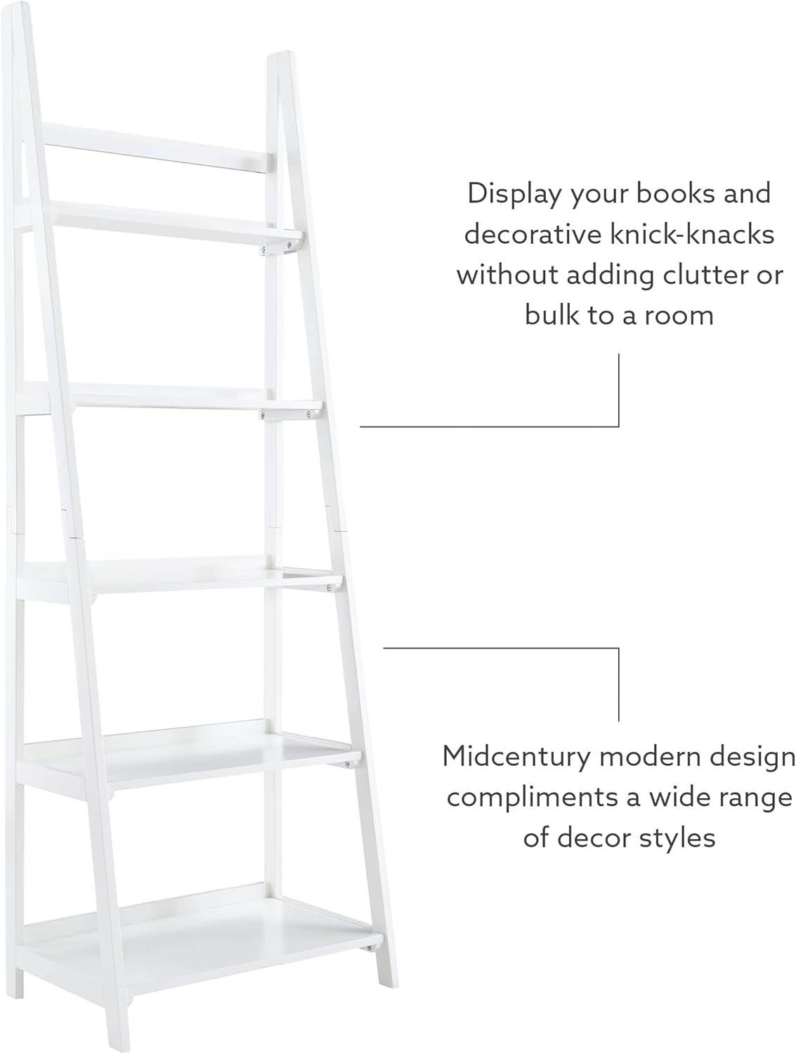 Melissa White Mid Century Five Shelf Ladder Bookcase by Linon