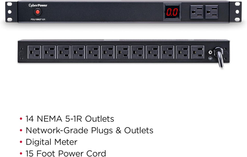 CyberPower PDU15M2F12R Metered PDU, 100-125V/15A (Derated to 12A), 14 Outlets, 1U Rackmount, 15 Foot Power Cord