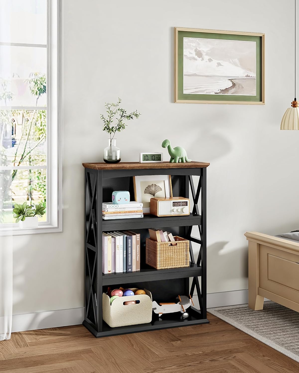 CHOEZON 4-Tier Bookcase, 42.9" Floor Standing Organizer Shelf, Corner Book Stand, Metal Frame, for Study, Bedroom, Living Room, Black and Walnut TSJ01BL