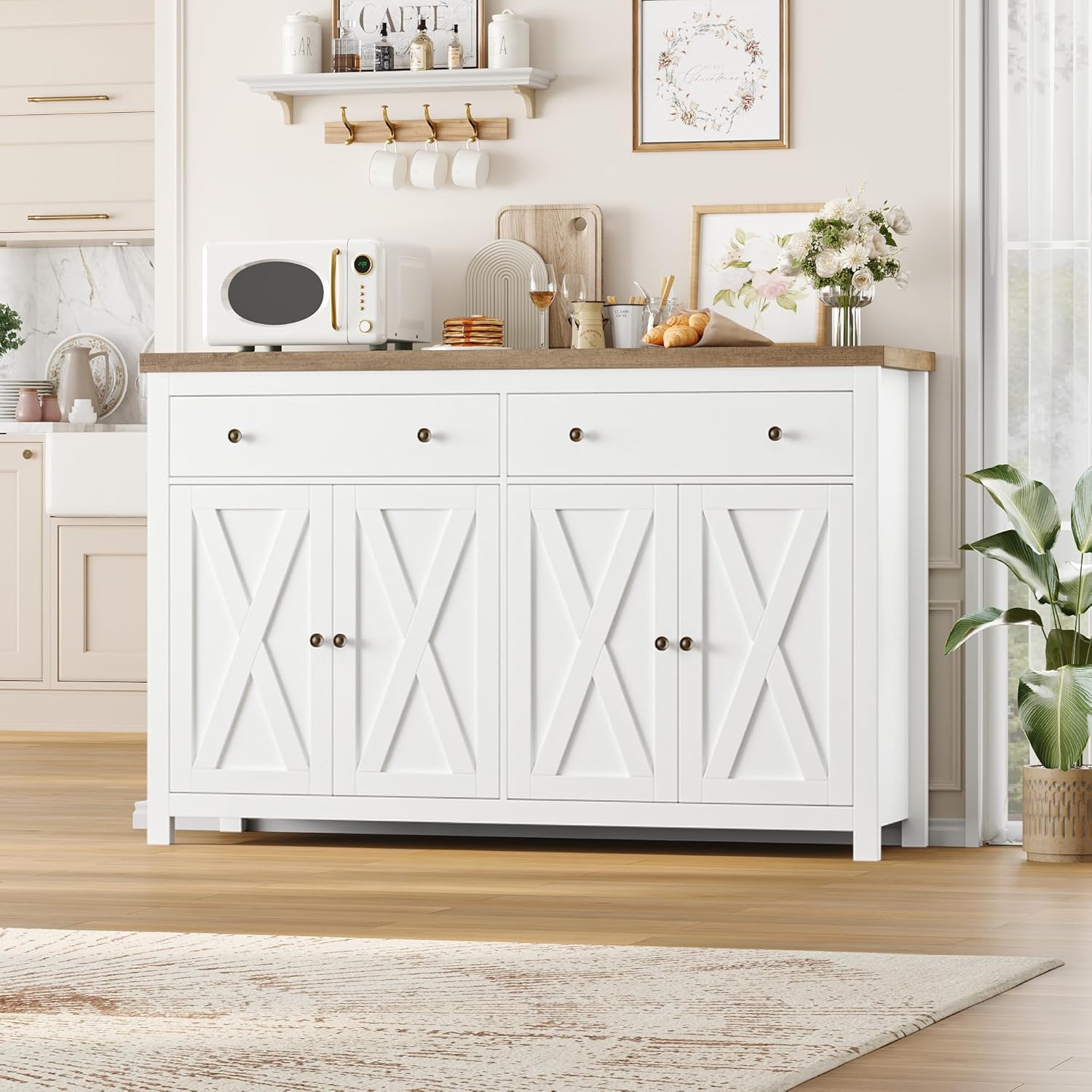 FOTOSOK Sideboard Buffet Cabinet with Storage, 55" Large Kitchen Storage Cabinet with 2 Drawers and 4 Doors, Wood Coffee Bar Buffet Table Console Table for Kitchen Dining Room, White
