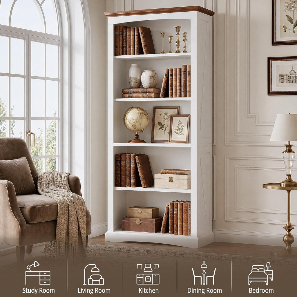 IRONCK 5 Tier Farmhouse Bookcase, 70.9" Tall White Bookshelf with Brown Top and Side Brace Panels, Large Open Display Storage Shelf for Living Room, Bedroom, Home Office, Entryway