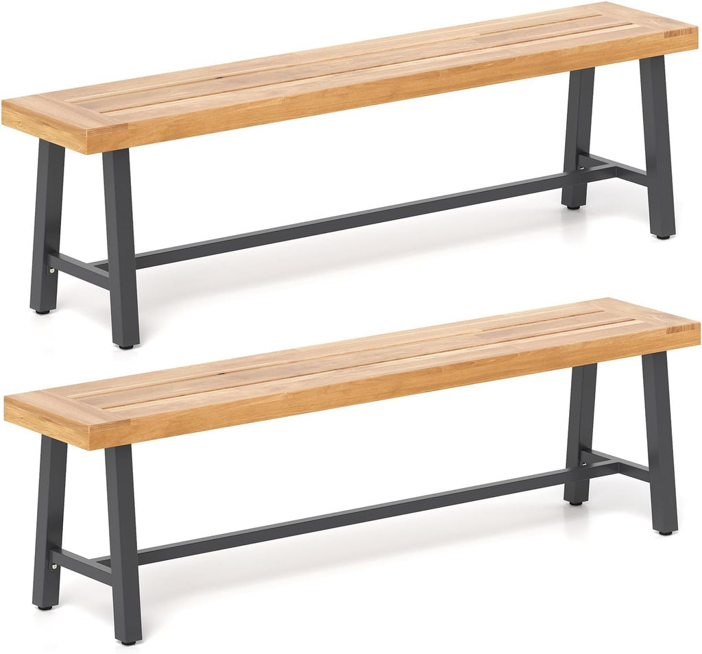 Tangkula 63 Inches Acacia Wood Outdoor Bench Set of 2, 3-Person Patio Bench with 800 lbs Weight Capacity, Outdoor Backless Bench with Heavy-Duty Metal Frame for Garden, Porch and Backyard