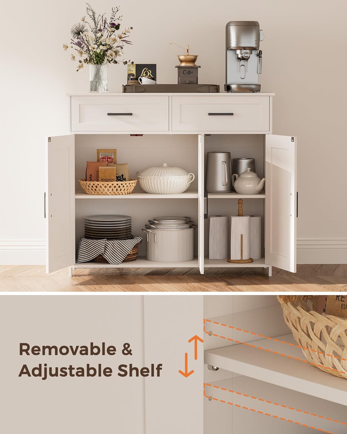 Homhedy Sideboard Buffet Cabinet, Coffee Bar Storage Cabinet with Drawers and Doors, Farmhouse Kitchen Cabinet with Adjustable Shelves, for Kitchen, Dining Room, Living Room, White