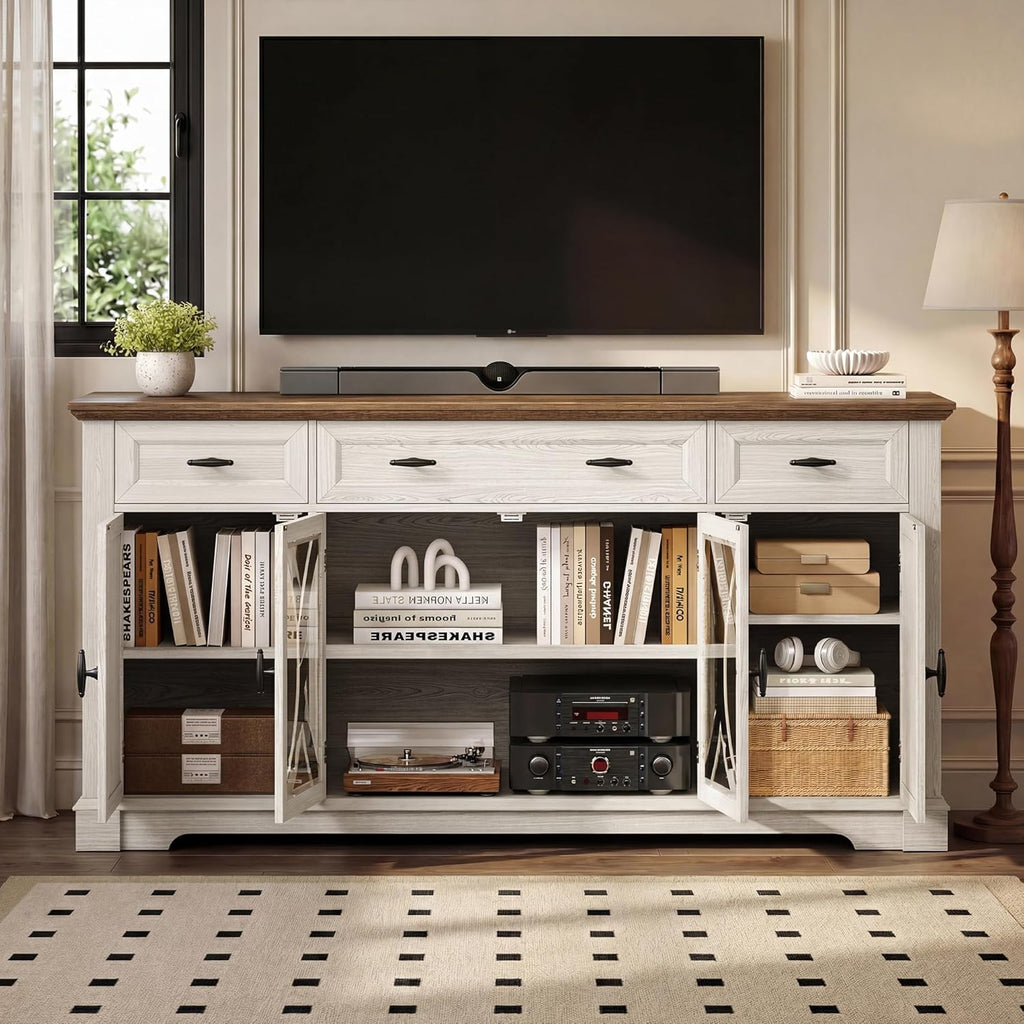 Einhomn 64" Farmhouse Sideboard Cabinet with 3 Drawers and 4 Doors, Buffet Cabinet with Adjustable Shelves and Curved Glass Doors, Large Storage Cabinet for Dining Room, Living Room, Kitchen,White