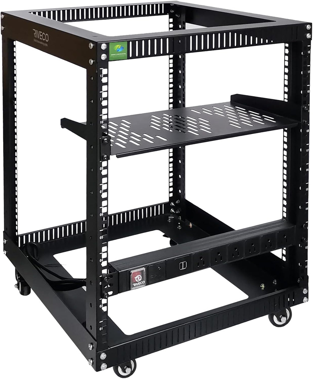 RIVECO 19" 12U Server Rack Open Frame with Wheels + PDU (8 Outlets) Power Strip Surge Protector + 1U Rack Shelf Cantilever Tray Set Black