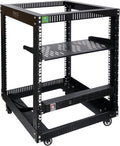RIVECO 19" 12U Server Rack Open Frame with Wheels + PDU (8 Outlets) Power Strip Surge Protector + 1U Rack Shelf Cantilever Tray Set Black