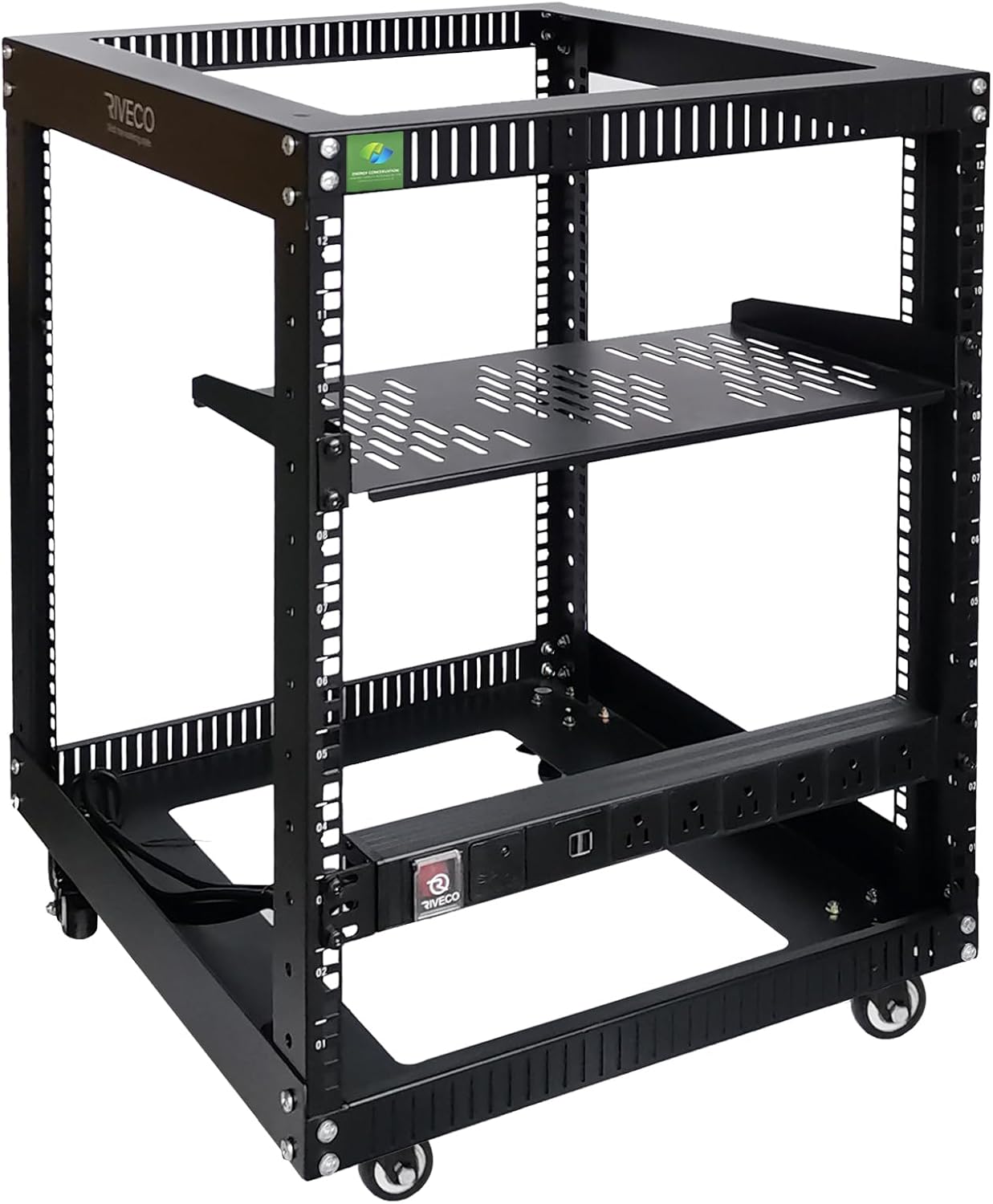 RIVECO 19" 12U Server Rack Open Frame with Wheels + PDU (8 Outlets) Power Strip Surge Protector + 1U Rack Shelf Cantilever Tray Set Black