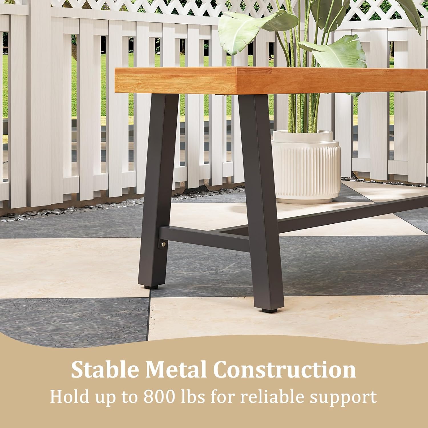 Tangkula 63 Inches Acacia Wood Outdoor Bench Set of 2, 3-Person Patio Bench with 800 lbs Weight Capacity, Outdoor Backless Bench with Heavy-Duty Metal Frame for Garden, Porch and Backyard