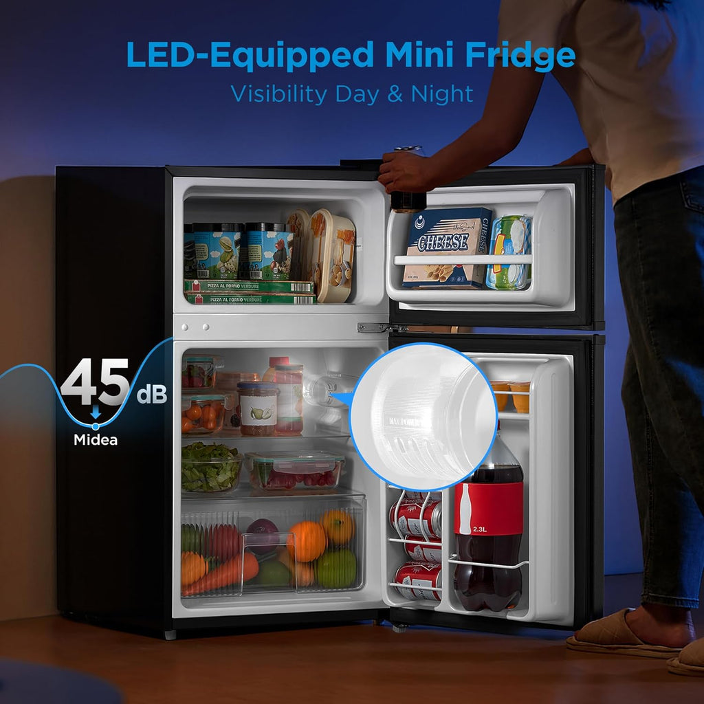 Midea WHD-113FB1 Double Door Mini Fridge with Freezer for Bedroom Office or Dorm with Adjustable Remove Glass Shelves Compact Refrigerator, 3.1 cu ft, Black
