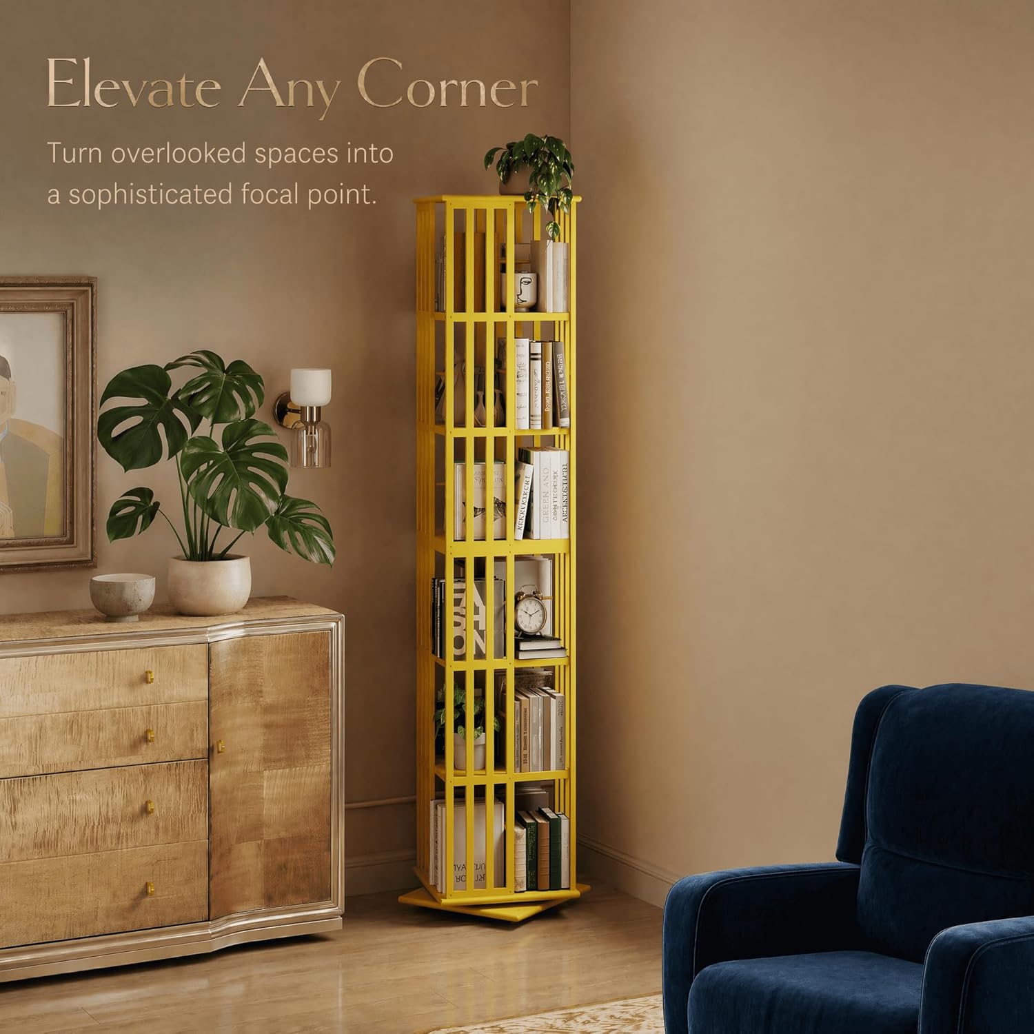 Lauxery Rotating Bookshelf Tower– 6 Tier 360° Spinning Bookshelf | Space-Saving Floor Standing Bamboo Revolving Bookcase for Small Space, Home Offices & Reading Corners | Gold