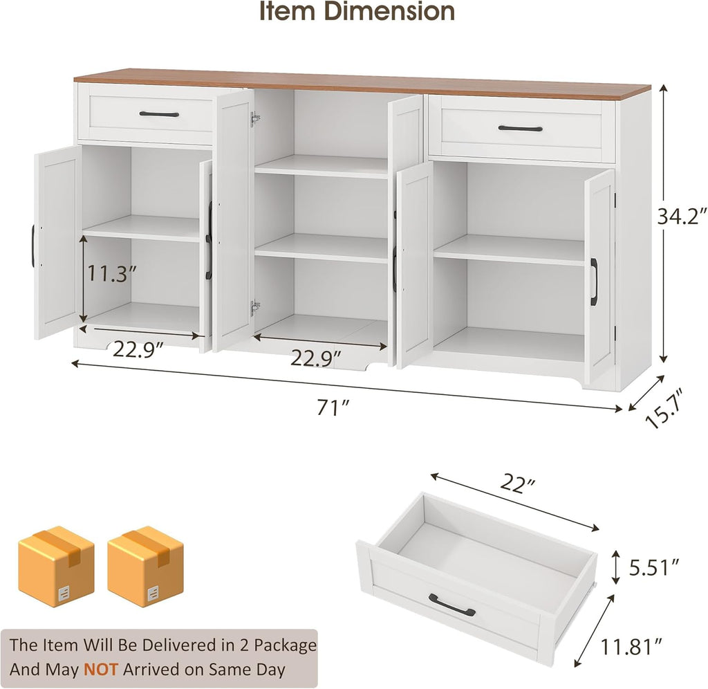 Whalefall 71" Farmhouse Sideboard Buffet Cabinet with Storage, Large Kittchen Credenza with 2 Drawers & 6 Doors, Modern Wooden Coffee Bar Cabinet for Kitchen Dining Room, White