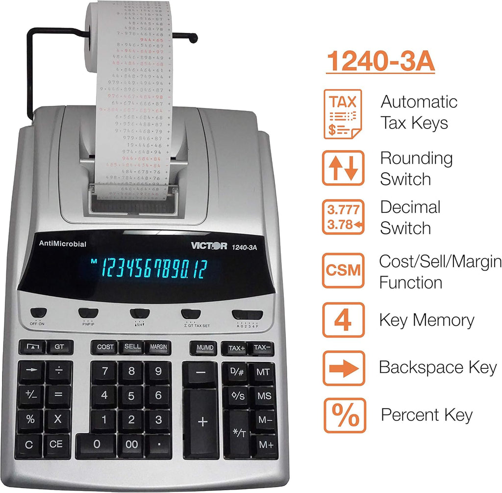 Victor 12-Digit Desktop Adding Machine, Large Easy To Read Display, Tape Print Out with 4,5 lines-per-second ribbon printer, Tax, Cost, Sell and Margin keys (1240-3A)
