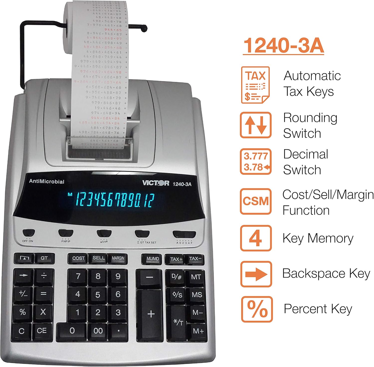Victor 12-Digit Desktop Adding Machine, Large Easy To Read Display, Tape Print Out with 4,5 lines-per-second ribbon printer, Tax, Cost, Sell and Margin keys (1240-3A)