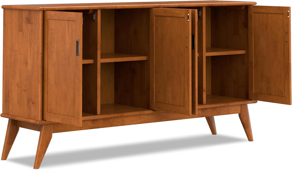 SIMPLIHOME Draper Buffet - 66 inch Wide Solid Hardwood 4-Door Sideboard Buffet in Teak Brown, Mid-Century Modern Cabinet for Dining Room or Kitchen with Adjustable Shelves and Tapered Legs