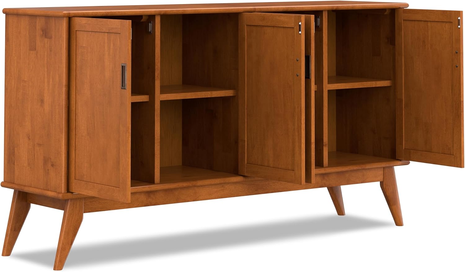 SIMPLIHOME Draper Buffet - 66 inch Wide Solid Hardwood 4-Door Sideboard Buffet in Teak Brown, Mid-Century Modern Cabinet for Dining Room or Kitchen with Adjustable Shelves and Tapered Legs