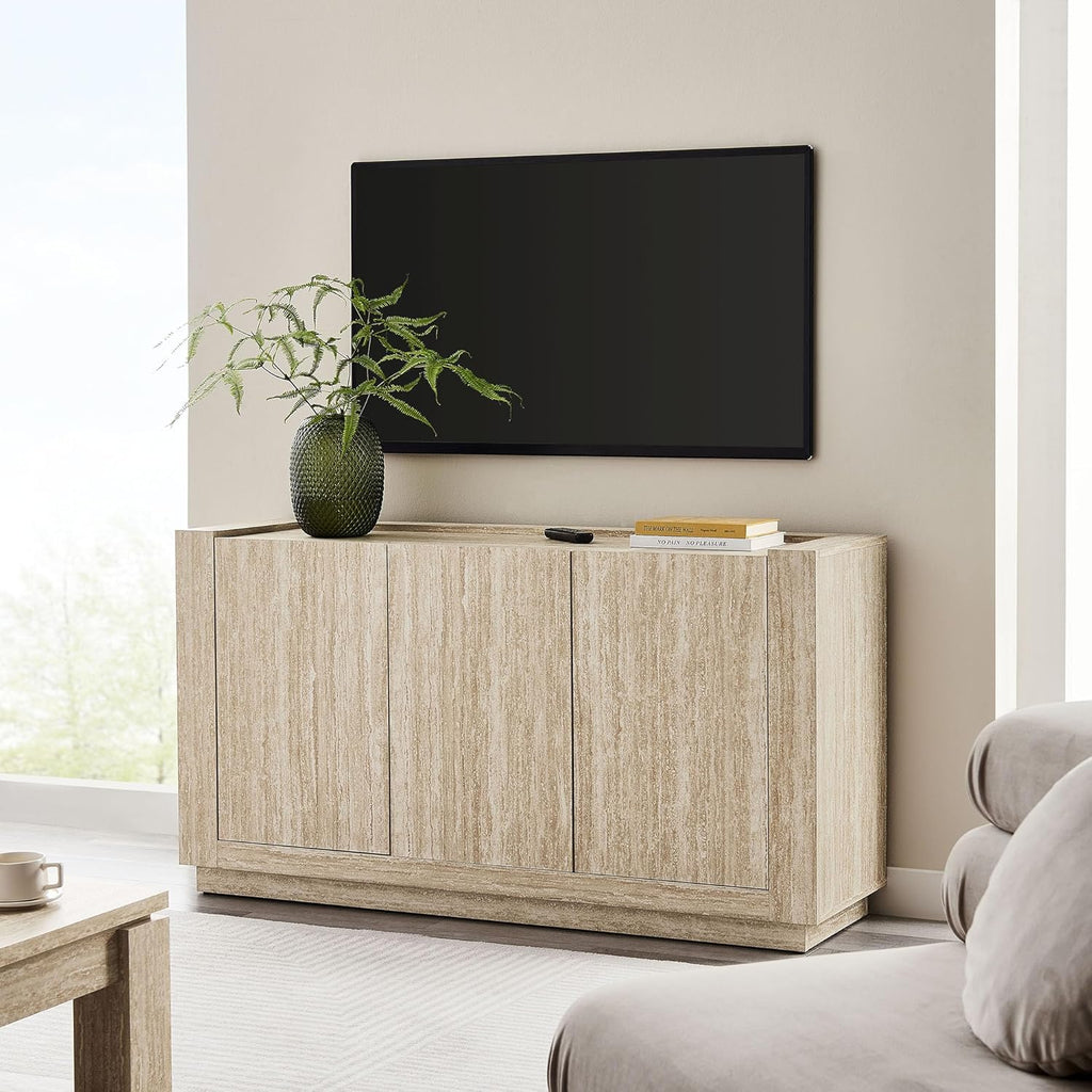 Modway Hollis Sideboard with Faux Travertine Finish - Large 59 Inch 3 Door Storage Buffet Cabinet with Adjustable Shelves for Living Room, Dining Room, Entryway, Hallway, Kitchen in Travertine