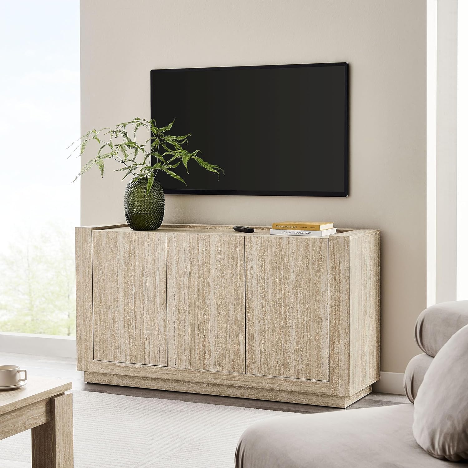 Modway Hollis Sideboard with Faux Travertine Finish - Large 59 Inch 3 Door Storage Buffet Cabinet with Adjustable Shelves for Living Room, Dining Room, Entryway, Hallway, Kitchen in Travertine