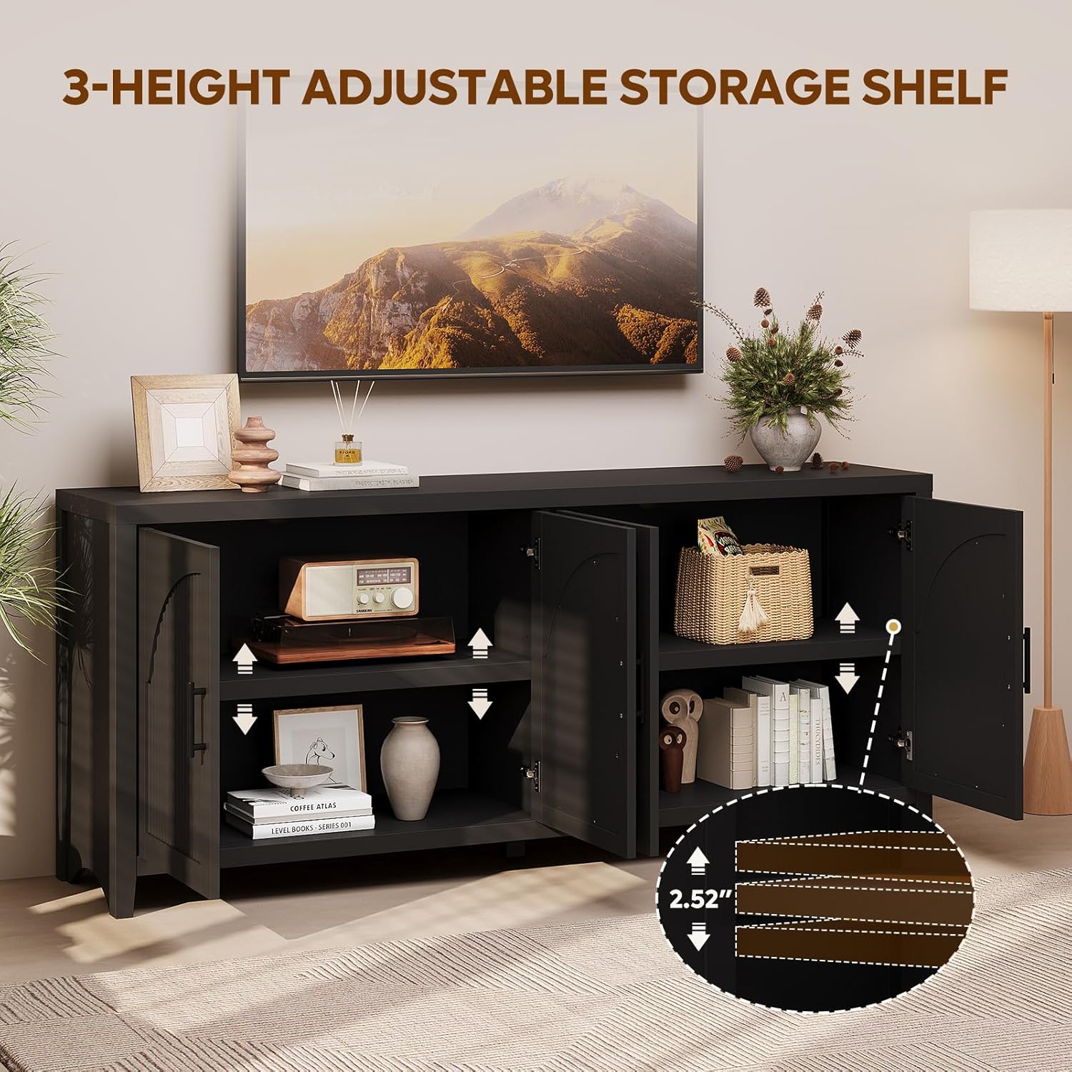 Bestier 70" Sideboard Buffet Cabinet with Storage, Modern Credenza Storage Cabinet, Farmhouse Arch Fluted Doors & Adjustable Shelves,Soild Wood Side Board Long Cabinet for Living Room, Entryway, Black