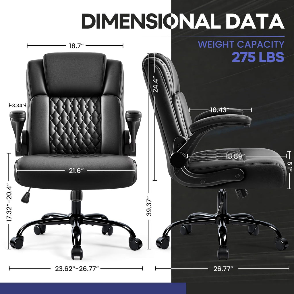 OFIKA Leather Office Desk Chair,Ergonomic Office Chair with Lumbar Support,Computer Chair,Executive Leather Chair with Padded Flip-up Arm,Adjustable Armrests, Black,275LBS