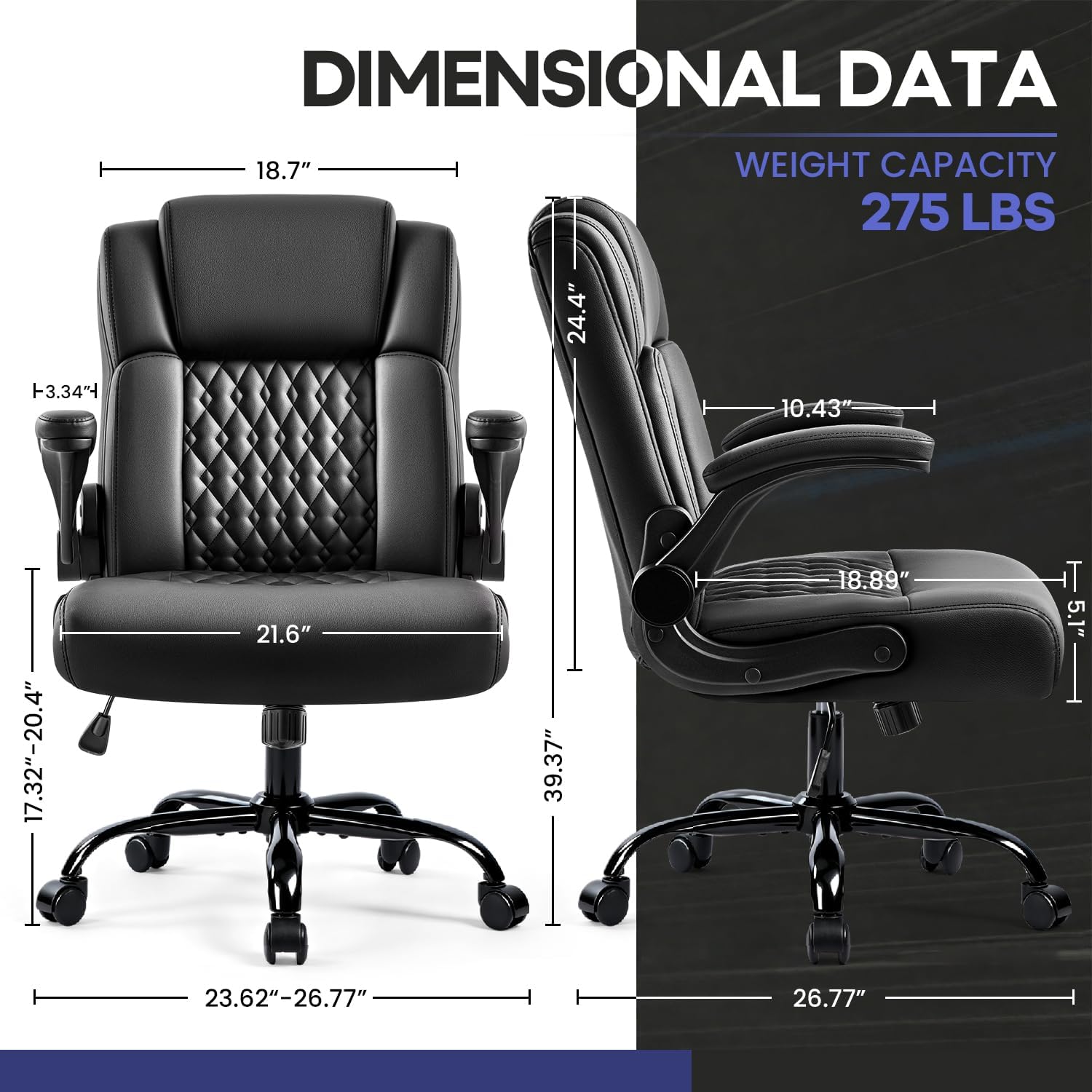 OFIKA Leather Office Desk Chair,Ergonomic Office Chair with Lumbar Support,Computer Chair,Executive Leather Chair with Padded Flip-up Arm,Adjustable Armrests, Black,275LBS
