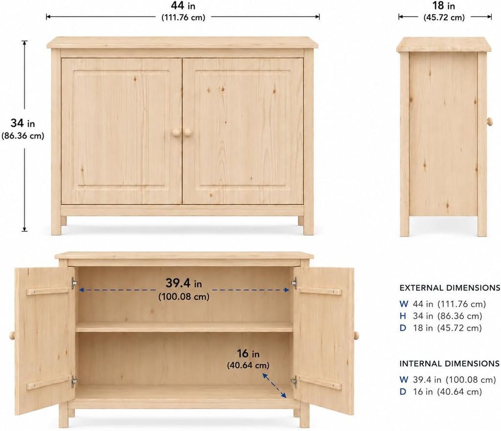 From the Tree Furniture 44" Wide Solid Pine Shaker Sideboard Buffet Cabinet — Natural Unfinished — 2 Doors Adjustable Shelf — No Drawer · Anti-Tip Included — Stain-Ready for Dining Room & Kitchen