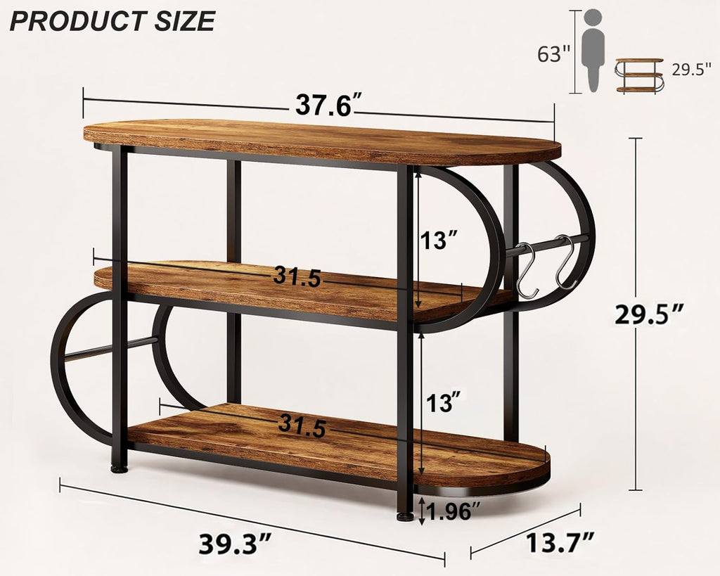 IBF 3 Tier Bookshelf with LED Light & Hooks, Farmhouse Low Horizontal Open Book Shelf, 39" Industrial Wood and Metal Bookcase, Oval Storage Display Shelf for Bedroom, Living Room, Office, Rustic Brown