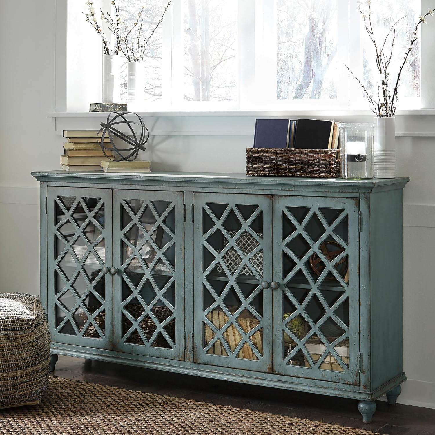Signature Design by Ashley Mirimyn Vintage 69" 4-Door Accent Cabinet with Mirrored Glass and 2 Adjustable Shelves, Antique Blue