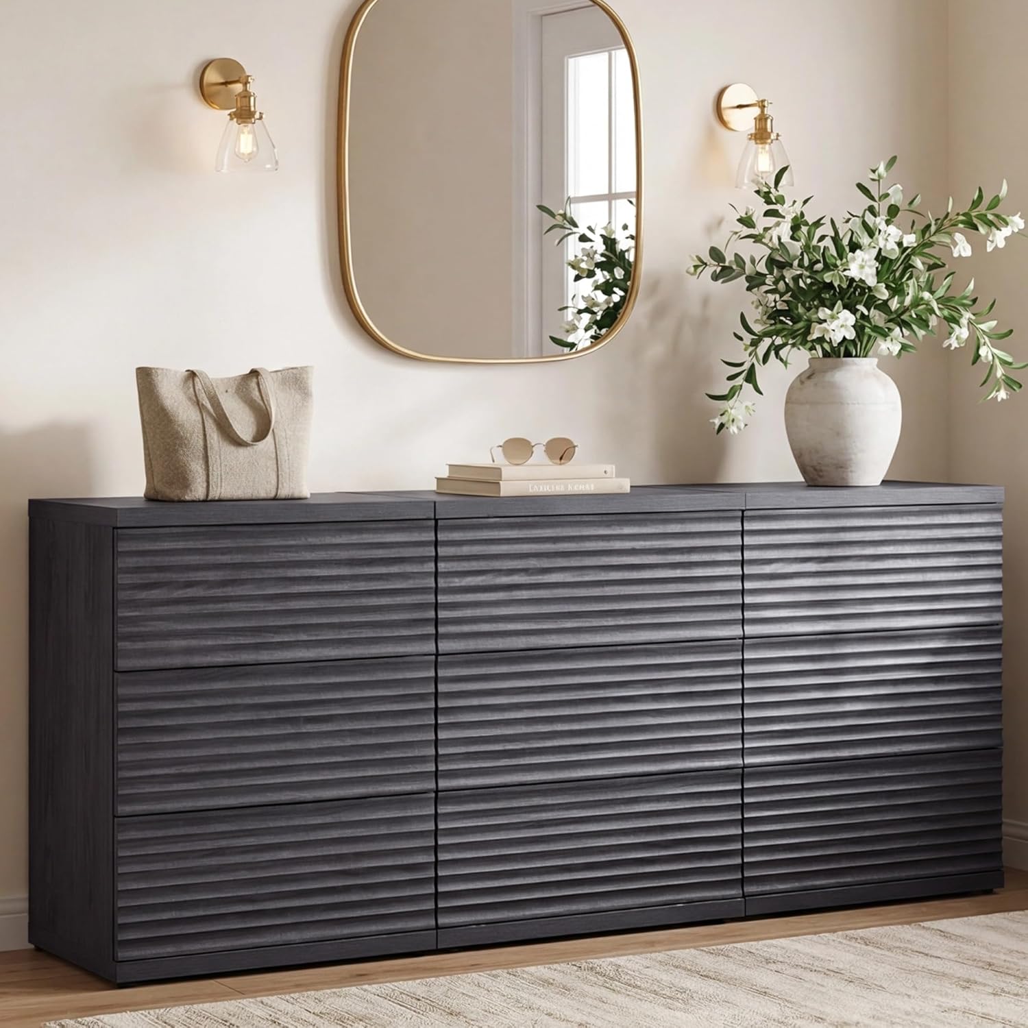SICOTAS Sideboard Buffet Storage Cabinet, Fluted Credenza Liquor Cabinet with 3 Drawers, Mid Century Modern Coffee Bar Cabinet Console Table for Kitchen Hallway (3 Pieces)