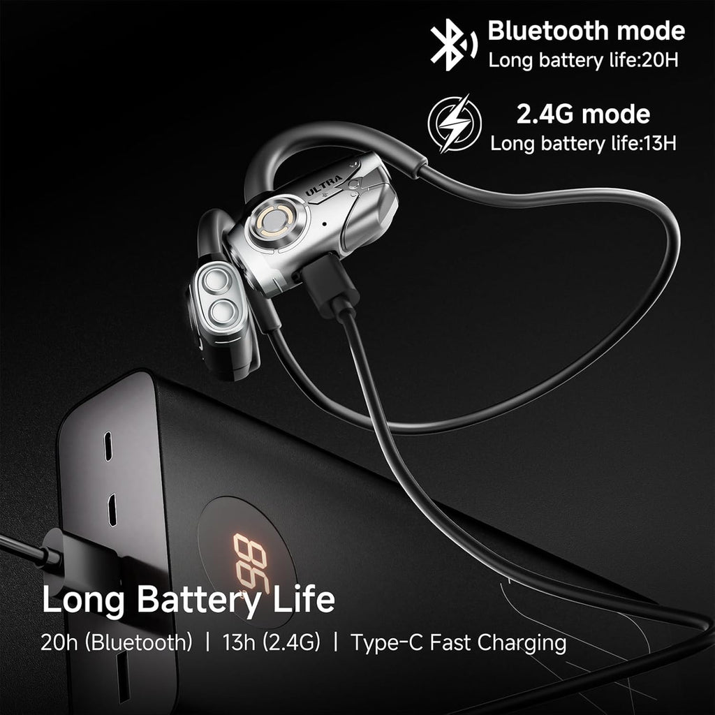 Open Ear Gaming Headphones, Dual-Mode Wireless, BT6.0/2.4GHz, Ultra-Low Latency for Daily, Workout & Gaming, Detachable Mic, 20H Battery, Fast Charge, for PS5/PS4/Switch/PC/Mobile – Black