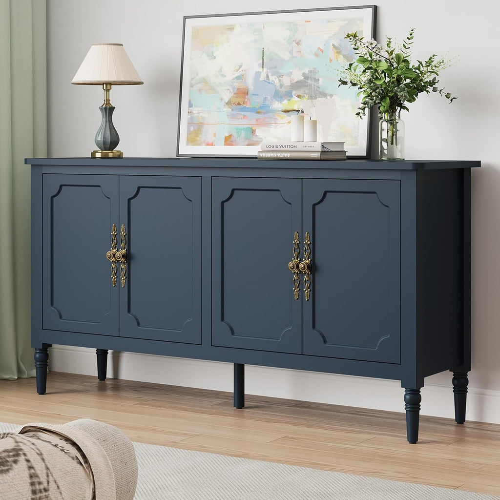 RoyalCraft Buffet Cabinet with Storage, Vintage Sideboard with Adjustable Shelves, Mid Century Modern Painted Credenza Coffee Bar for Kitchen, Dining Room, Entryway, Blue, 58.9" W x 16.5" D x 31.8" H