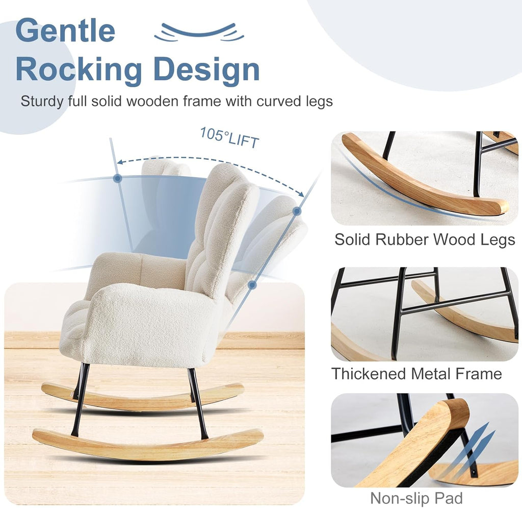 DUMOS Rocking Chair with High Backrest, Nursery Teddy Upholstered Indoor Reading Glider Chair with Comfy Seat, Glider Rocker for Bedroom, Living Room, Office, Beige
