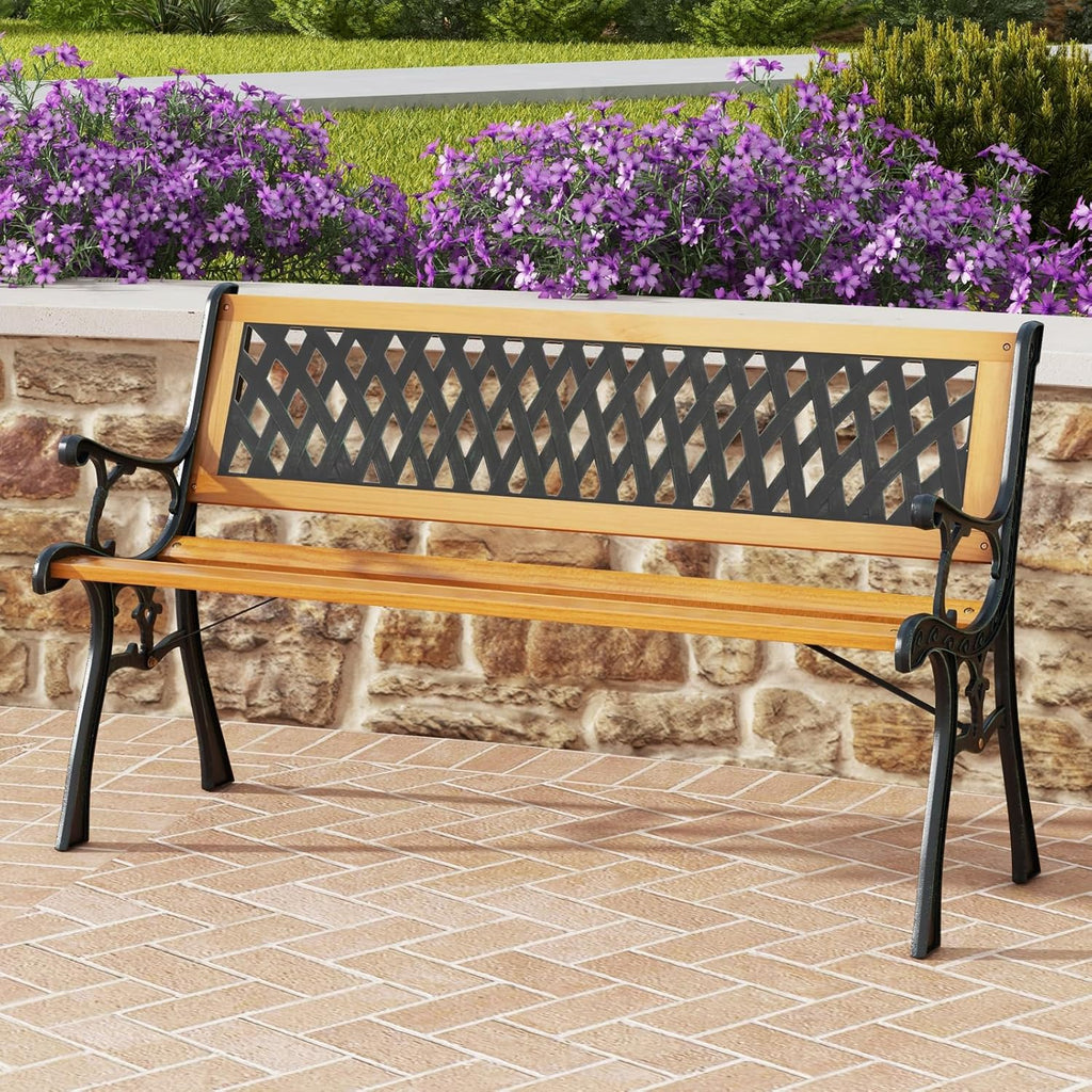 Tangkula Outdoor Garden Bench Park Bench, Patio Bench Chair with Cast Iron & Hardwood Structure, Weather Proof Porch Outdoor Furniture Loveseat, Perfect for Backyard, Deck, Lawn, Poolside
