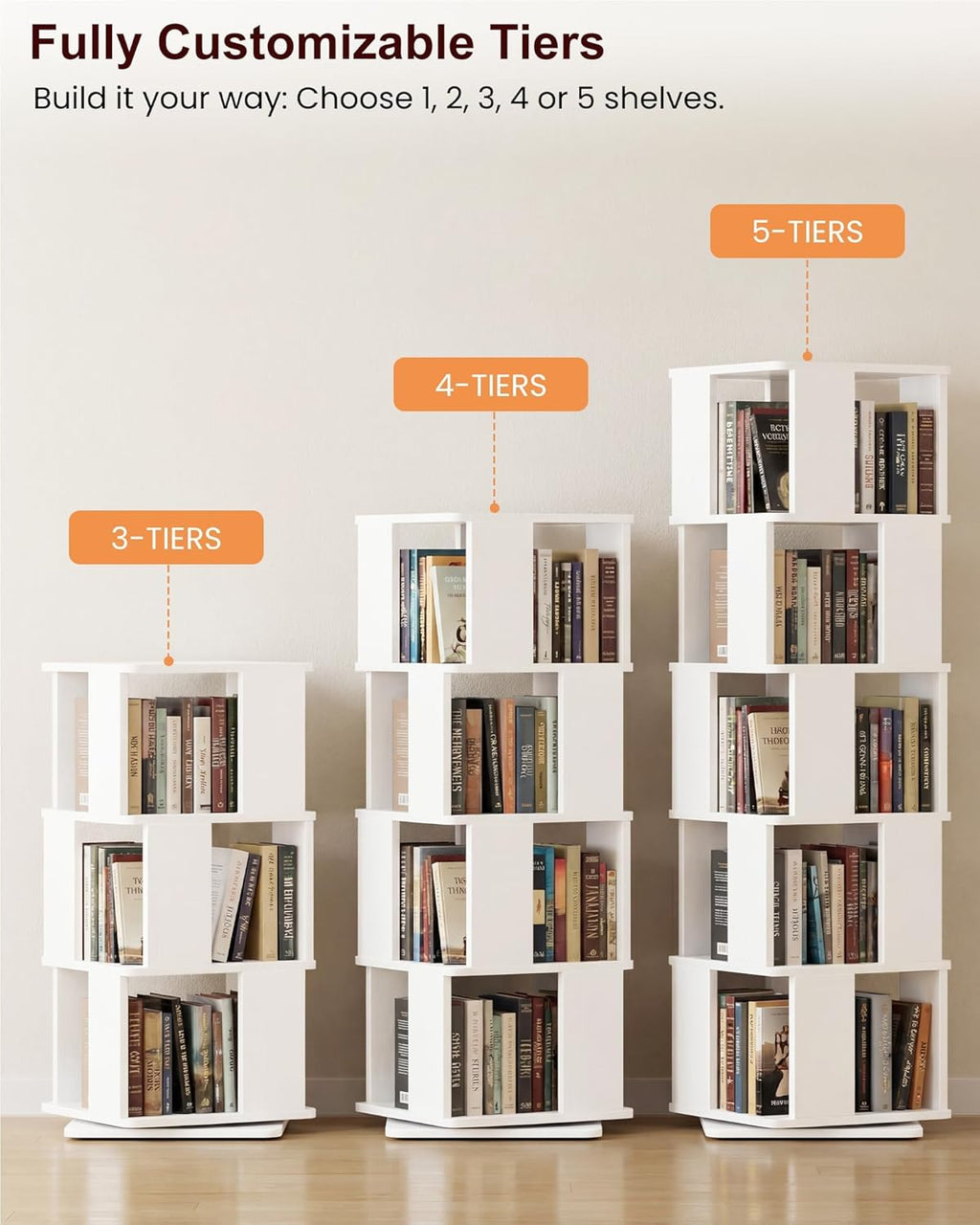 5-Tier Rotating Bookshelf Tower, 360° Spinning Modern Book Storage Bookcase, Stable Display Corner Book Shelf for Kids Room, Living Room, Bedroom, Home Office, White