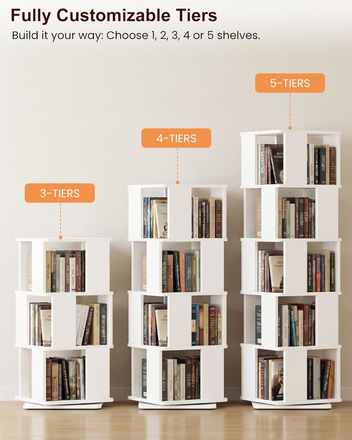 5-Tier Rotating Bookshelf Tower, 360° Spinning Modern Book Storage Bookcase, Stable Display Corner Book Shelf for Kids Room, Living Room, Bedroom, Home Office, White